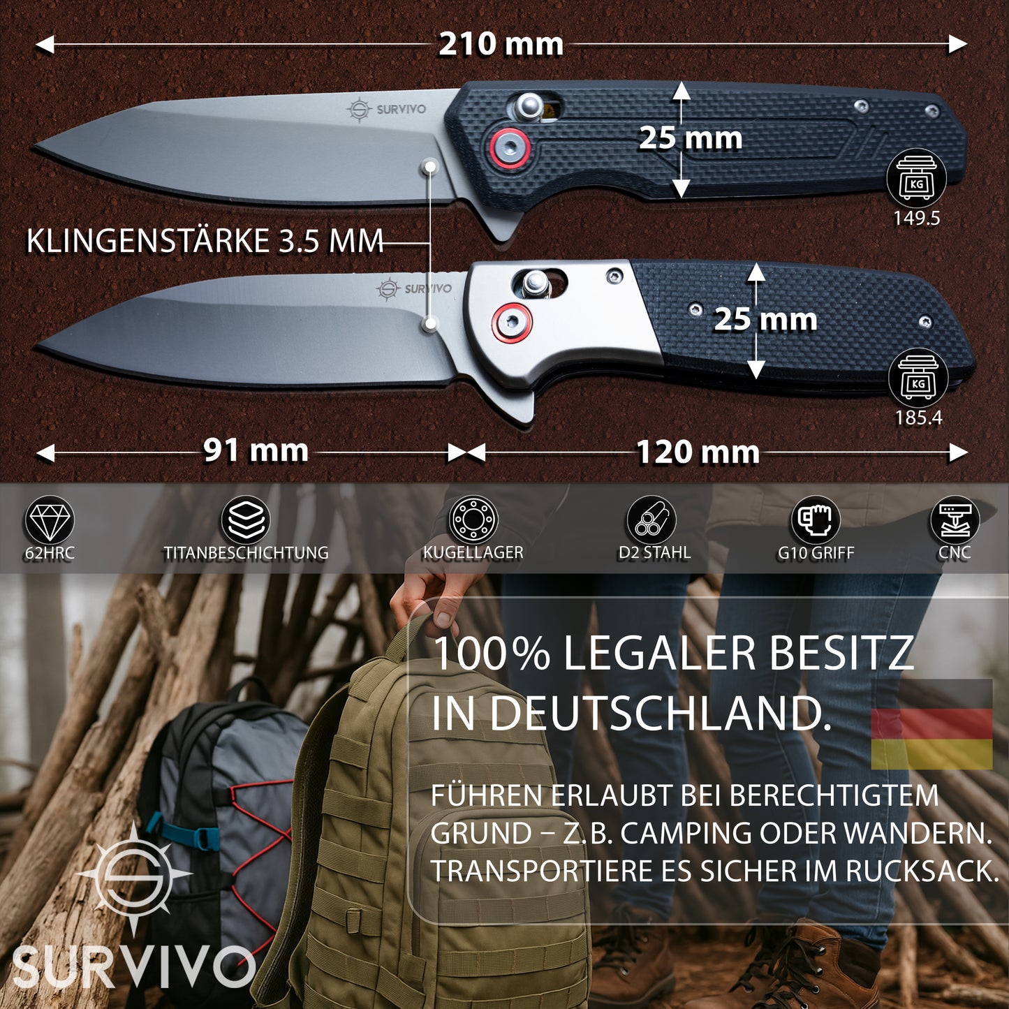 SK1 Klappmesser – Klinge aus D2-Stahl mit Titan-Beschichtung & G10 Griff