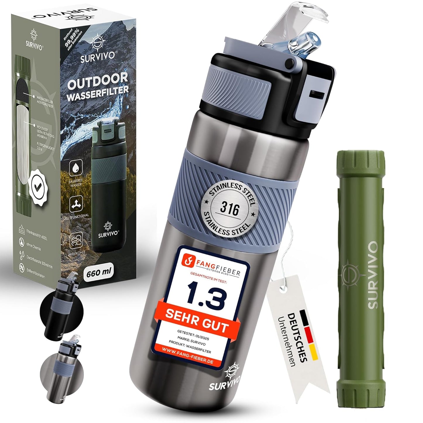 SURVIVO® Outdoor Wasserfilter Flasche