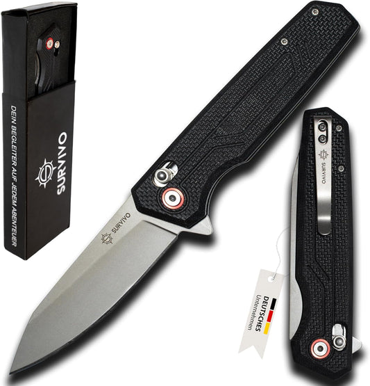 SURVIVO SK1 Klappmesser – Taschenmesser aus D2-Stahl mit Titan-Beschichtung & G10 – Legal in DE – Outdoor Einhandmesser für Survival, EDC, Alltag & Abenteuer - G10 Schwarz